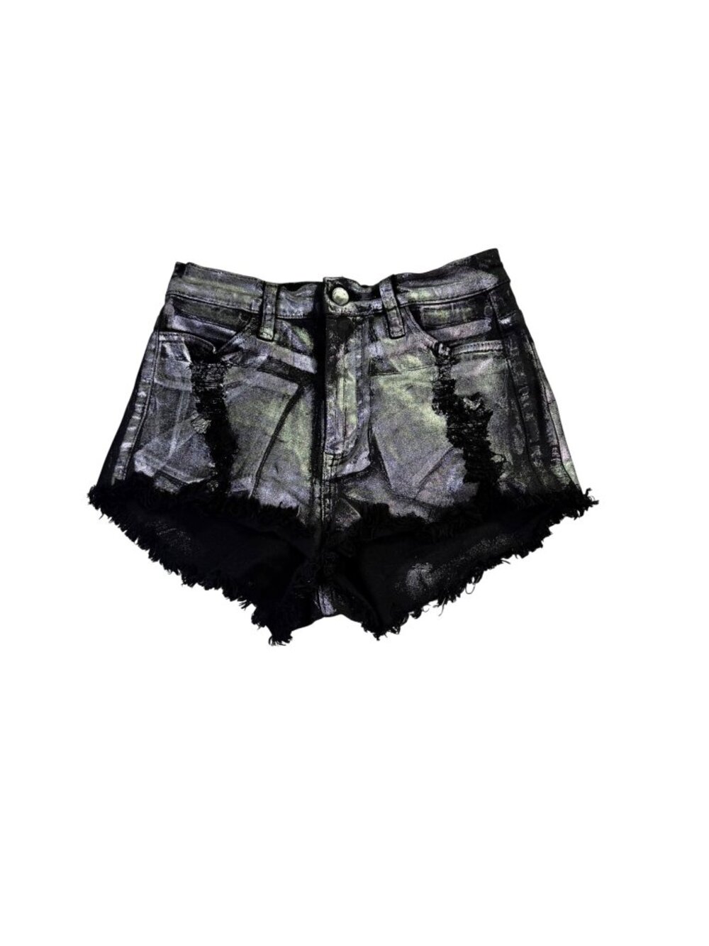 Swank Womens Black Metallic Denim Distressed Fringe Hem Short High Waist Size S